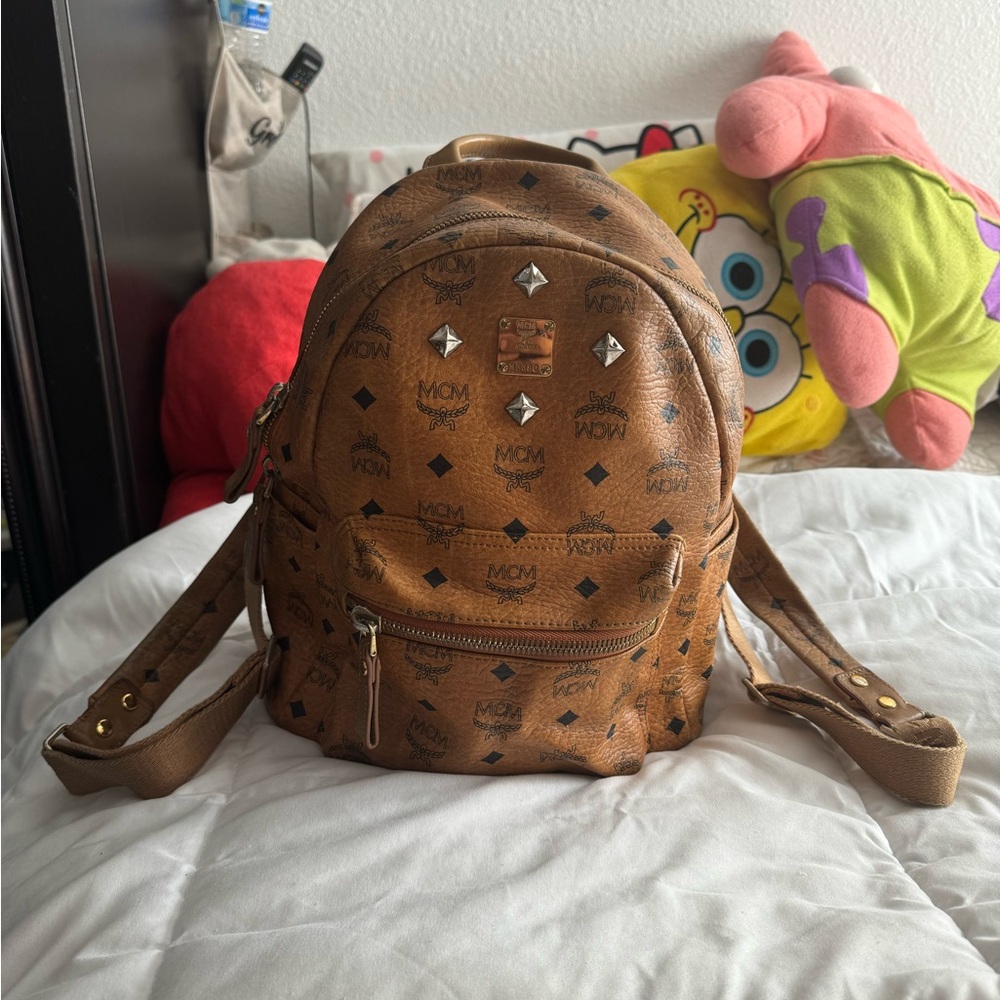 MCM Cognac Backpack with Logo and Studs